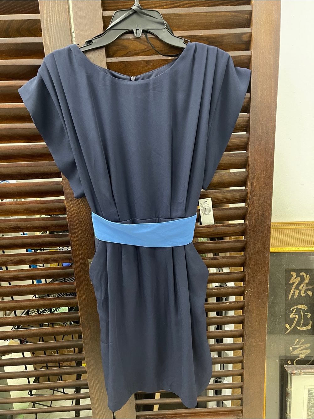 AB Studio Navy Midi Dress with Light Blue Waistband